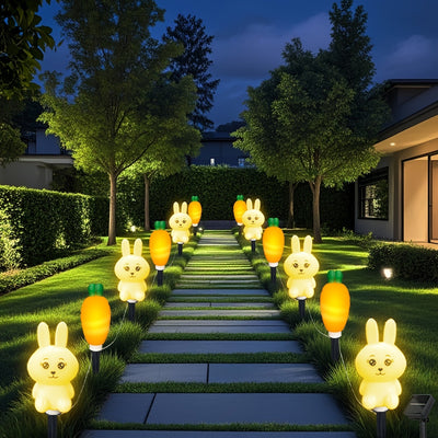 Luces LED solares de conejo/nabo de 8 huevos de Pascua, luces decorativas de ambiente festivo para exteriores, luces de jardín para exteriores, alimentadas por energía solar, adecuadas para jardín, césped, acera, camino de entrada, patio, paisaje decorat
