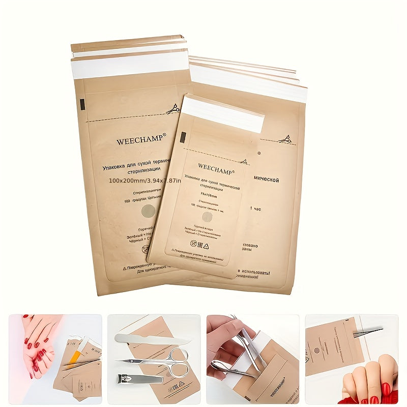 100 bolsas de almacenamiento autoadhesivas de papel kraft - bolsa higiénica autosellante resistente al calor, ideal para cosméticos, herramientas de uñas y mascarillas | Alta calidad, sin necesidad de electricidad, diseño práctico para artículos personal