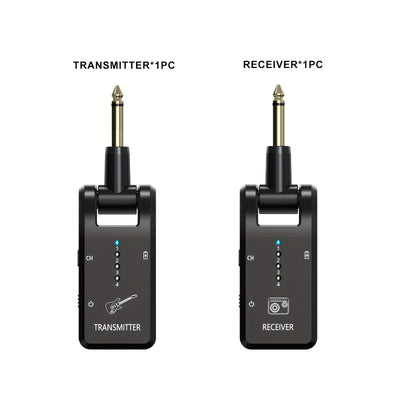 Sistema de guitarra inalámbrico de 2,4 GHz, receptor de audio recargable de 8 canales con carga USB-C, baja latencia para guitarra eléctrica, bajo y más, incluye amplificador, micrófono y accesorios para bajo y guitarra.