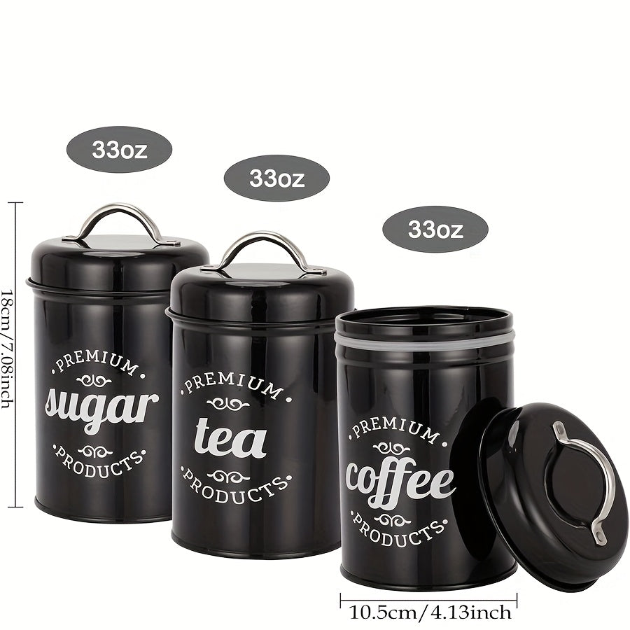 3 piezas de contenedores de almacenamiento de metal premium con tapas - Organizador de alimentos y té redondo reutilizable para café, azúcar, confitería - Solo lavado a mano, solución de almacenamiento de cocina multiusos