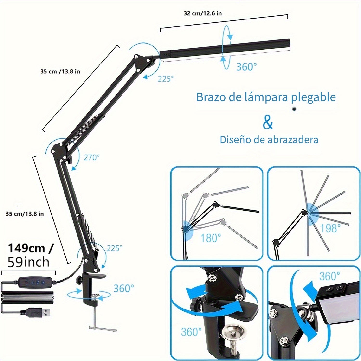 Lámpara de trabajo moderna LED POPSKEETER, luz de escritorio ajustable de metal con brazo telescópico, 3 temperaturas de color, 5 niveles de brillo, diseño de carga USB patentado, para lectura en la oficina y entornos de trabajo complejos, sin brillo, il