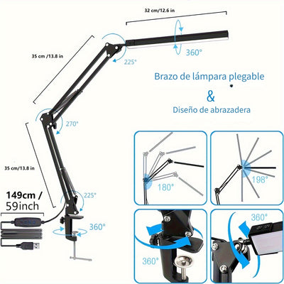 Lámpara de trabajo moderna LED POPSKEETER, luz de escritorio ajustable de metal con brazo telescópico, 3 temperaturas de color, 5 niveles de brillo, diseño de carga USB patentado, para lectura en la oficina y entornos de trabajo complejos, sin brillo, il