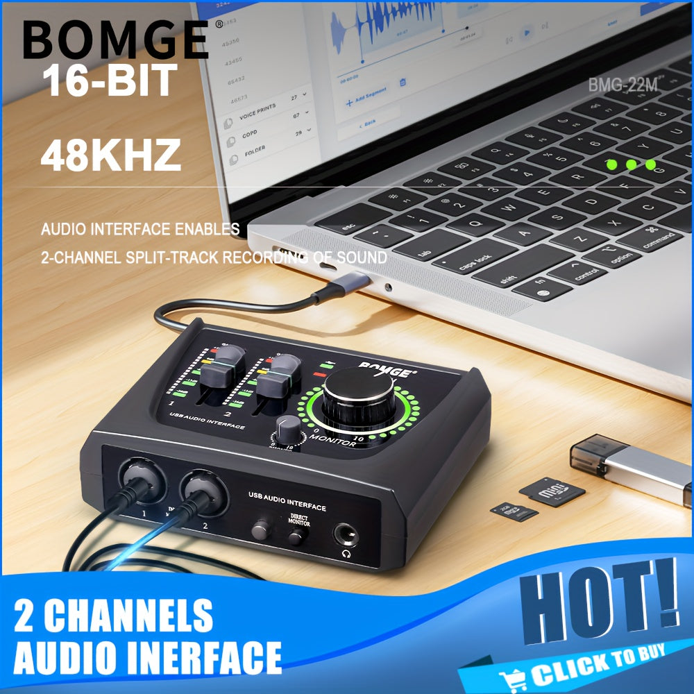 BOMGE Mini 2 canales USB Audio Interface Profesional, de Estudio con iluminación RGB de 16 bits, mezcla de 2 canales, para grabación, transmisión, podcasting - Ideal para guitarristas, vocalistas, creadores de contenido y podcasters, material ABS, alimen