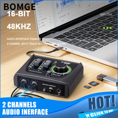 BOMGE Mini 2 canales USB Audio Interface Profesional, de Estudio con iluminación RGB de 16 bits, mezcla de 2 canales, para grabación, transmisión, podcasting - Ideal para guitarristas, vocalistas, creadores de contenido y podcasters, material ABS, alimen