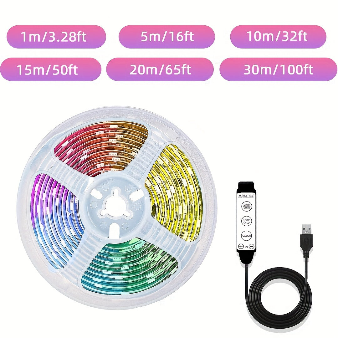 Tiras de luces LED inteligentes BJ-5VRGB de 4.88 metros a 30.48 metros - Interfaz USB, Control de 3 botones, Color y brillo ajustables, Longitud personalizable, Perfectas para fiestas de cumpleaños, fiestas, festivales, decoración de dormitorio, luces de
