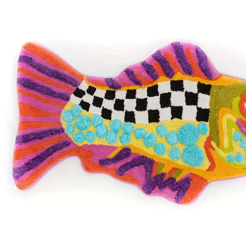 Alfombra de baño con diseño de pez divertido, colorida, absorbente y gruesa, con patrones a cuadros, lavable a máquina, resistente al desgaste, ideal para decoración de baño