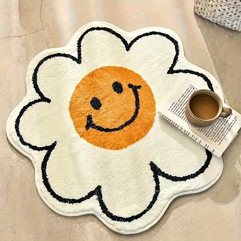 1pc Alfombra de Suelo con Diseño Floral de Margaritas - Forma Irregular, Base Antideslizante en PVC, Lavado a Mano, Decoración Acogedora para Dormitorio o Baño, Regalo Ideal para Fiestas, Textura Tejida Suave y Duradera, Material Resistente, Diseñadores