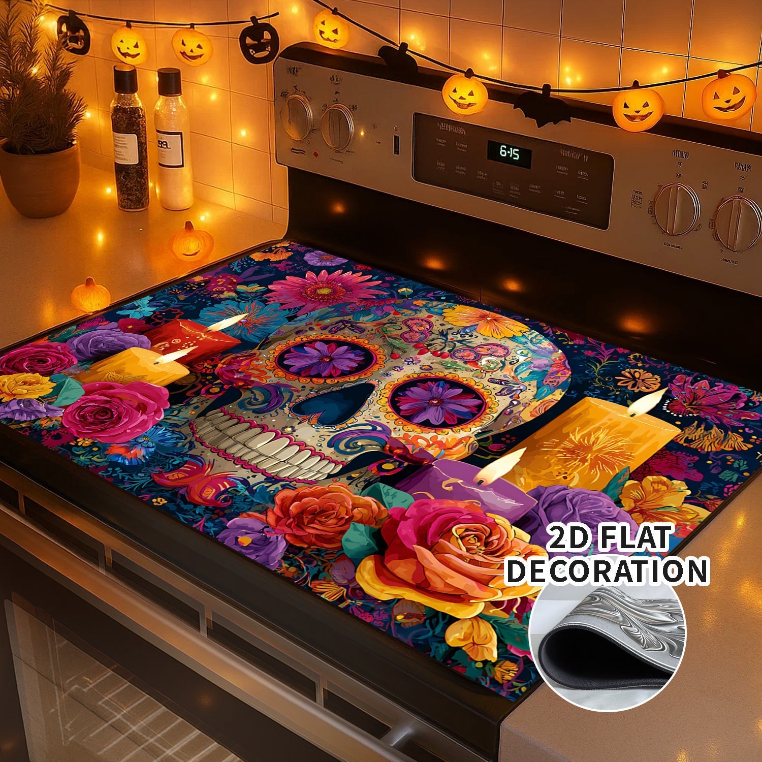 1pc Cubierta para Estufa de Halloween - Reemplazo Antideslizante con Forro de Goma para Quemadores de Gas/Eléctricos, Diseño Floral de Calaveras Azucaradas Día de los Muertos en Morado/Azul/Rosa/Naranja/Rojo/Morado - Decoración Fácil de Instalar para Coc