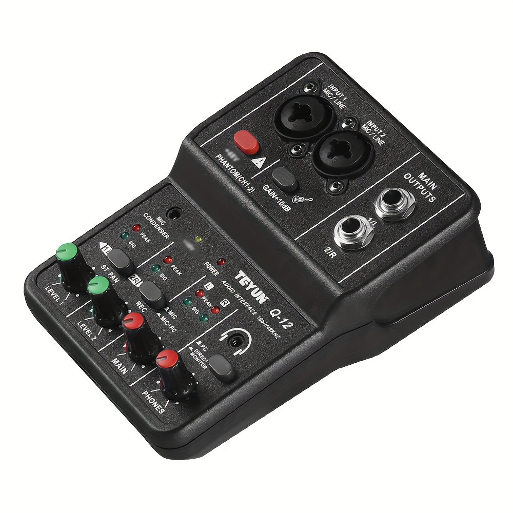 BOMGE Q12 2 canales de interfaz de audio portátil - Mezclador mini USB profesional para guitarra, voces y grabación de estudio, 36V o menos, material ABS negro, 2 canales, 2 canales de interfaz de audio | Mezclador compacto | Construcción duradera