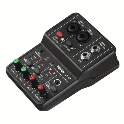BOMGE Q12 2 canales de interfaz de audio portátil - Mezclador mini USB profesional para guitarra, voces y grabación de estudio, 36V o menos, material ABS negro, 2 canales, 2 canales de interfaz de audio | Mezclador compacto | Construcción duradera