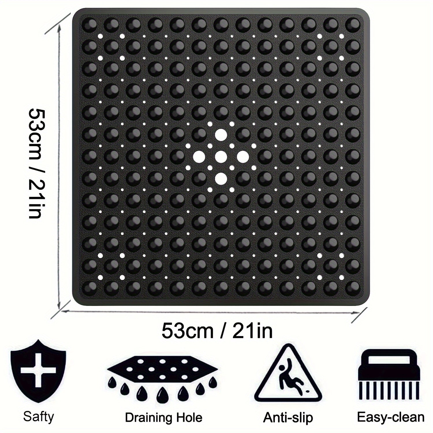 Alfombrilla cuadrada antideslizante, con agujeros centrales grandes, que ralentiza el flujo del agua, fácil de limpiar, 53X53 pulgadas