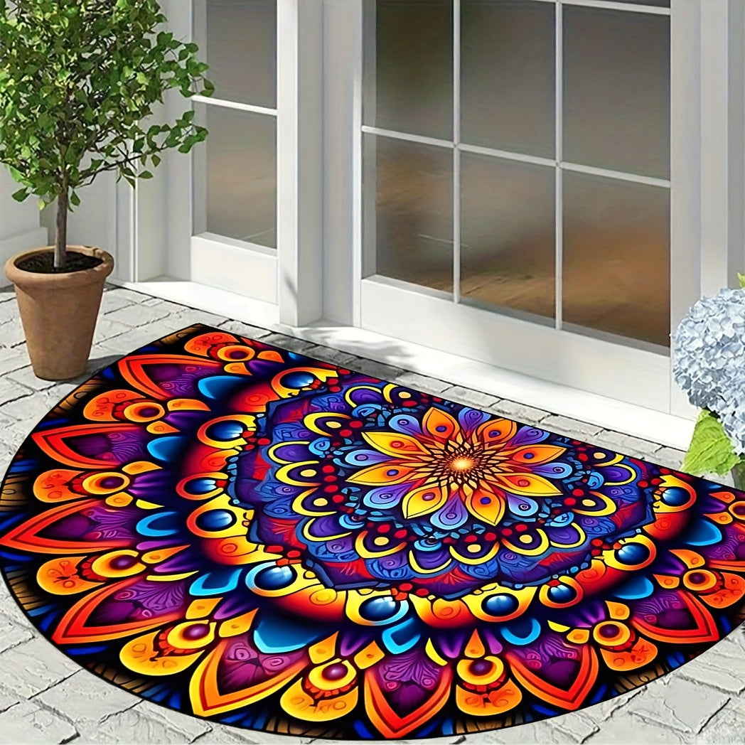 1 pieza de alfombrilla de bienvenida mandala bohemio - Alfombrilla vibrante y colorida de poliéster con patrones florales intrincados, duradera, antideslizante y fácil de limpiar, perfecta para la entrada, la cocina, el baño - Decoración ideal para el ho
