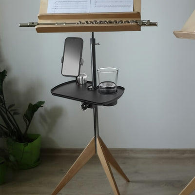 Soporte de micrófono ajustable con bandeja y soporte para teléfono inteligente con abrazadera, material ABS, ajuste universal para escenario, transmisión en vivo y conciertos - Negro