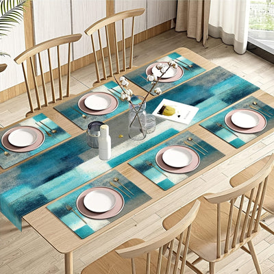 1 Juego, Corredor de mesa y servilletas de granja, decoración de mesa de arte abstracto de lino azul y gris, adecuado para uso diario, 1 pieza de corredor de mesa de 72 pulgadas de largo y 6 piezas de servilletas.