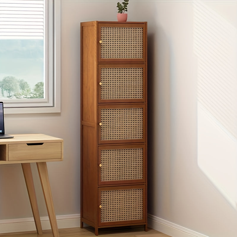 Estantería de Bambú de 2 Niveles con Puerta - Mueble Multinivel para Sala, Soporte para TV o Estante Montado en Pared, Diseño Ventilado y Ahorrador de Espacio, Estilo Minimalista, Acabado en Madera Natural con Cajones de Almacenamiento