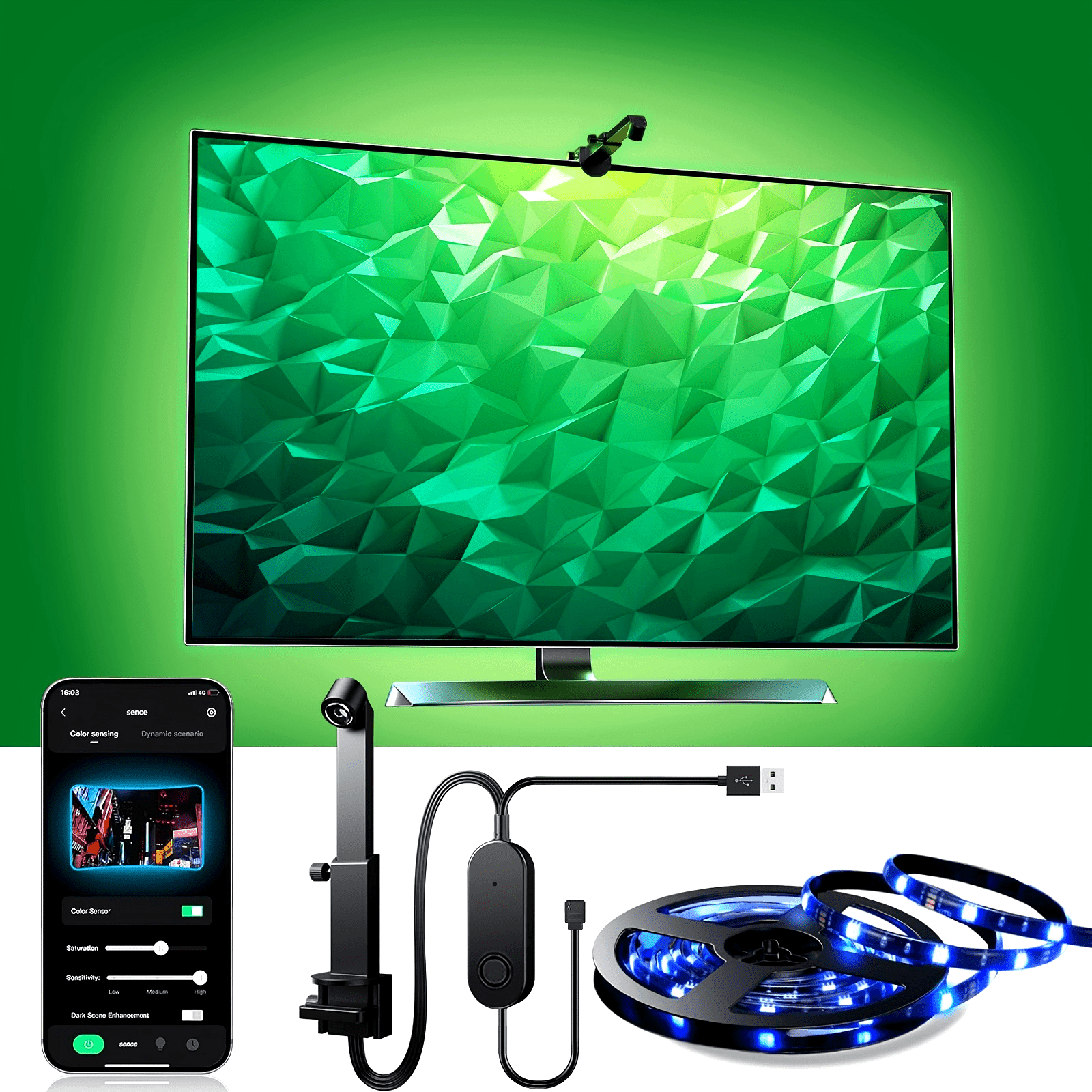 Estrecha de Luz Trasera LED para Smart TV EISSLOLY con Sensor de Color AR, Iluminación RGB de 3.81m-5.0m para Pantallas de 88.9-215.9cm, Control Inalámbrico por Aplicación, Sincronización Musical, Alimentada por USB para Sala de Estar y Configuración de
