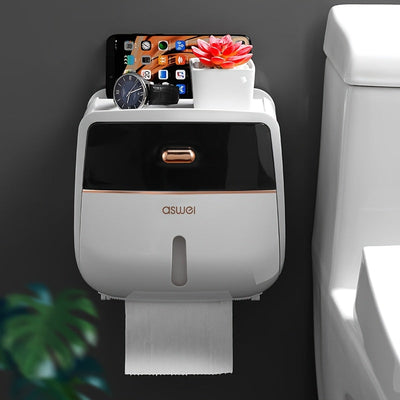 ASWEI Cajón de pañuelos de pared de gran capacidad con estantería, soporte de papel higiénico de plástico autoadhesivo, organizador de pared para baño y cocina