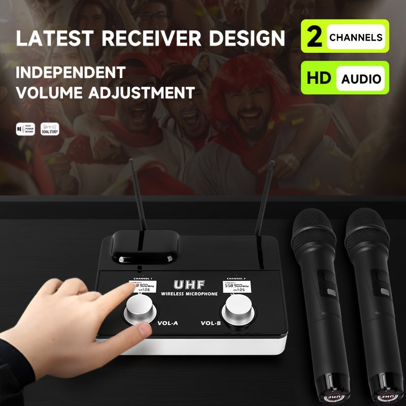 1pc AmaceX KU-63 Sistema de micrófono inalámbrico profesional UHF, sistema de karaoke portátil de 2 canales con captación omnidireccional, conector de 3,5 mm, fuente de alimentación de 110-130V, enchufe de EE. UU., no requiere batería