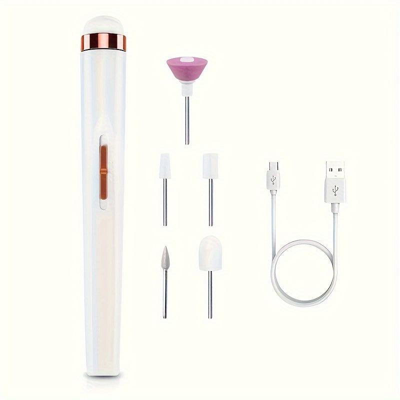 Blanco/Rosa, dos colores disponibles, lima de uñas portátil con 5 taladros de accesorios y juego de taladro eléctrico de manicura ajustable con luz LED y función de carga USB, herramientas de cuidado de uñas