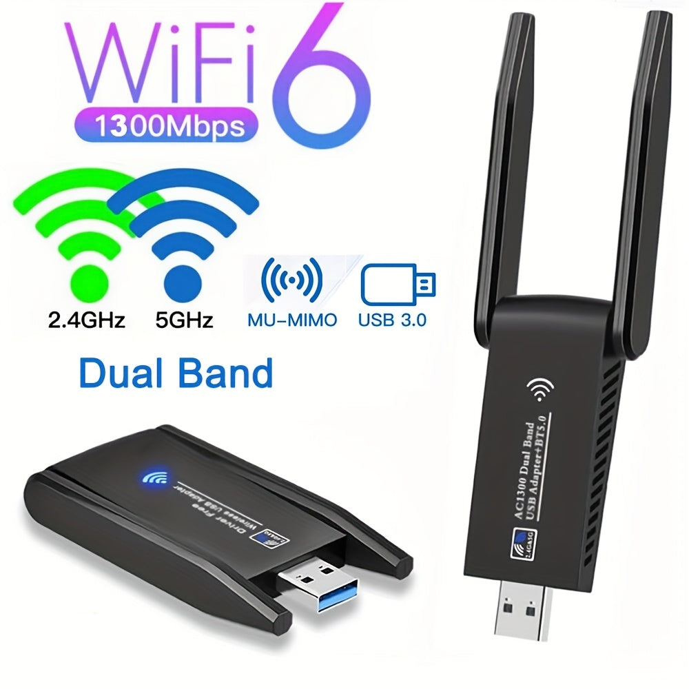 Adaptador WiFi USB AC1300M de doble banda - Adaptador de red inalámbrica de doble banda 2.4GHz/5GHz para portátil/ordenador, sin controlador, compatible con Windows Vista/XP/7/8/10/11, solución WiFi portátil | Diseño negro elegante | Modo de alimentación