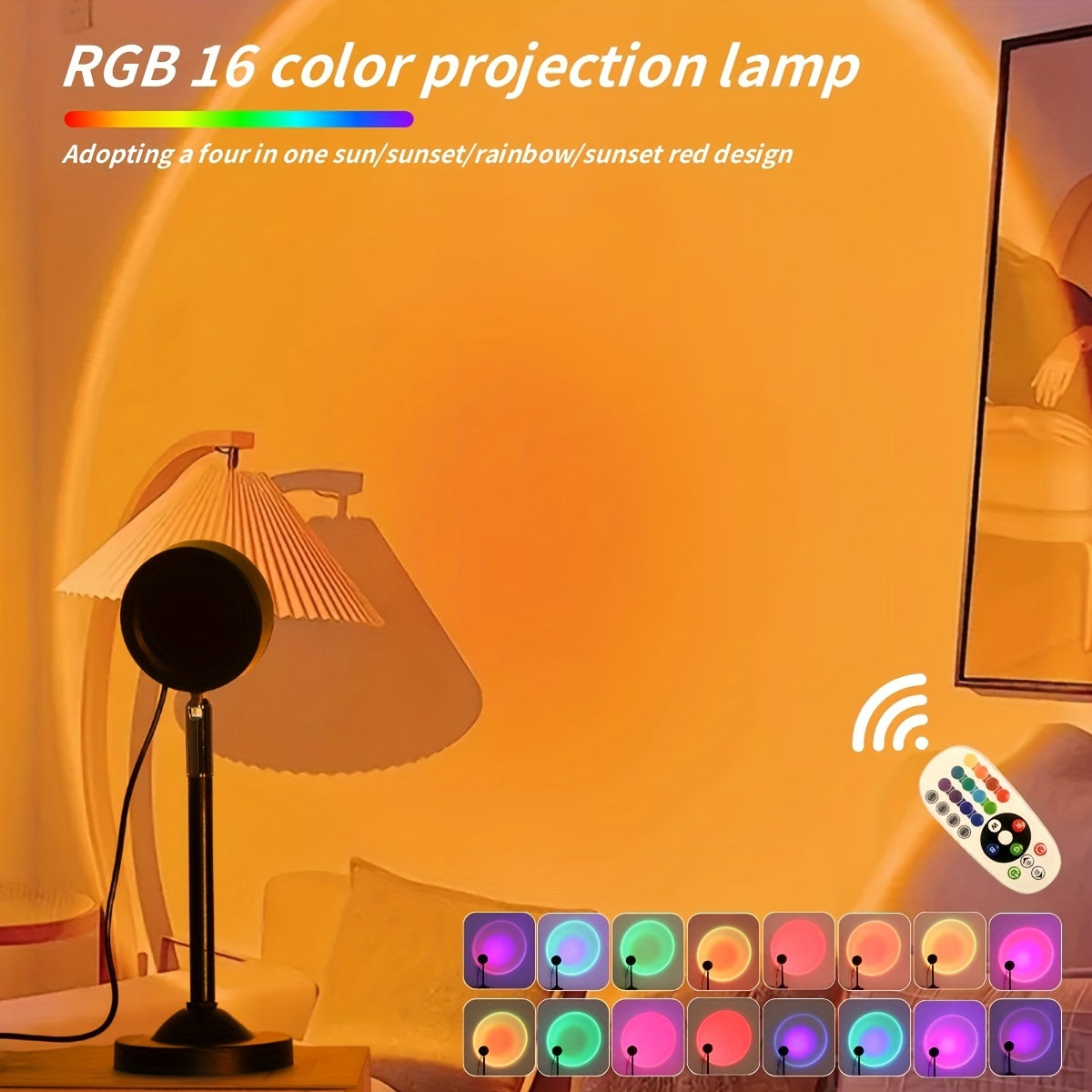 Lámpara LED de proyección de atardecer con 16 colores y control remoto, luz nocturna RGB giratoria 180°, ideal para decoración del hogar – Perfecta para sala, habitación, camping al aire libre, bodas, San Valentín, Halloween y Navidad, lámparas para sala