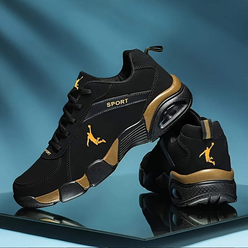 Zapatillas deportivas para hombre con cojín de aire - Parte superior de malla transpirable y PU, diseño geométrico, cierre con cordones, color negro/blanco para correr al aire libre, caminar y atuendo casual, ajuste cómodo.