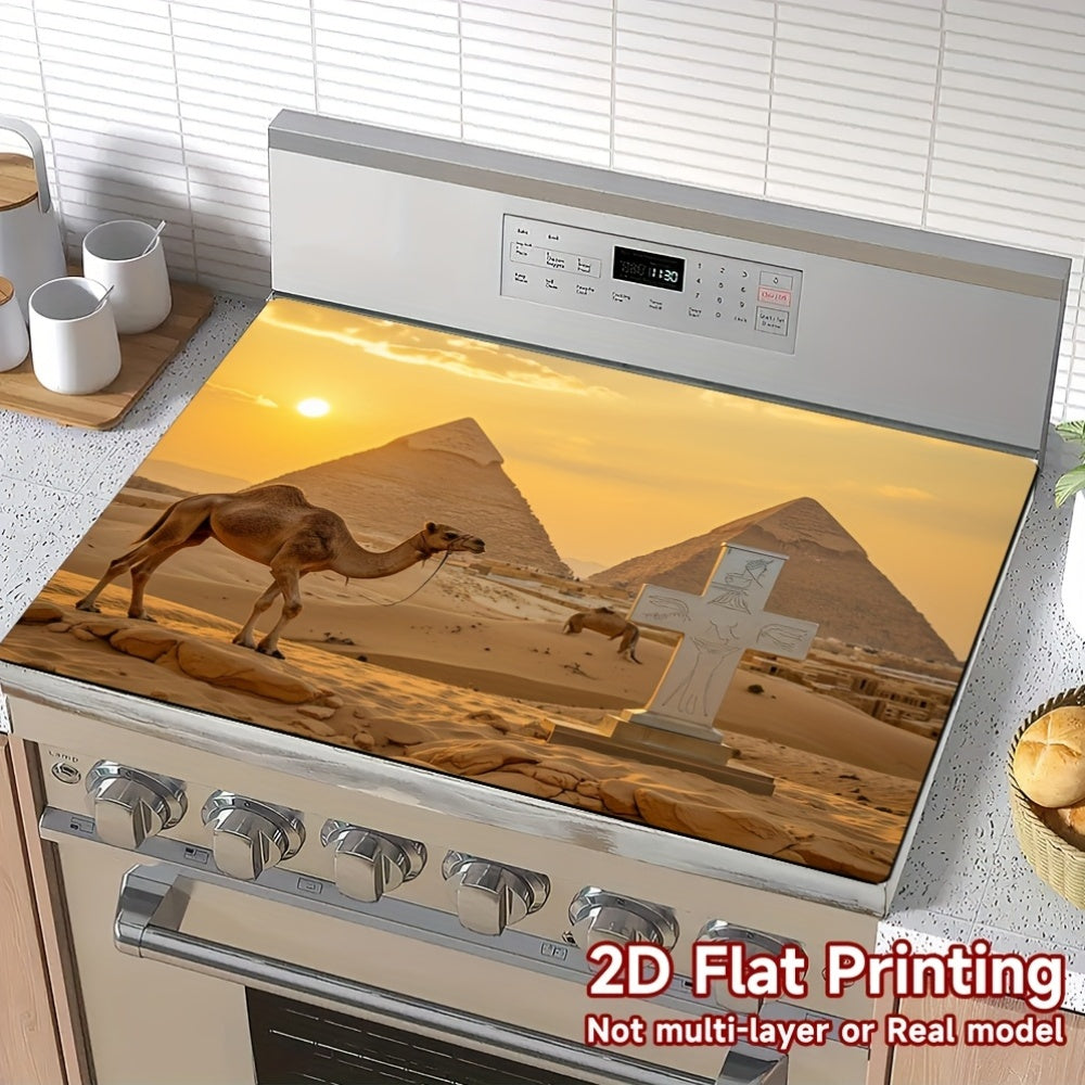 2D Plano, 1 Pieza, Diseño de Camello y Pirámide para Protector de Cubierta de Horno - Impresión 2D Plana, Poliéster, Fácil de Limpiar, Almohadilla de Cocina Multiusos para Estufa, Lavadora, Secadora, Drenaje de Cubiertos, Alfombra Decorativa, Cubierta de