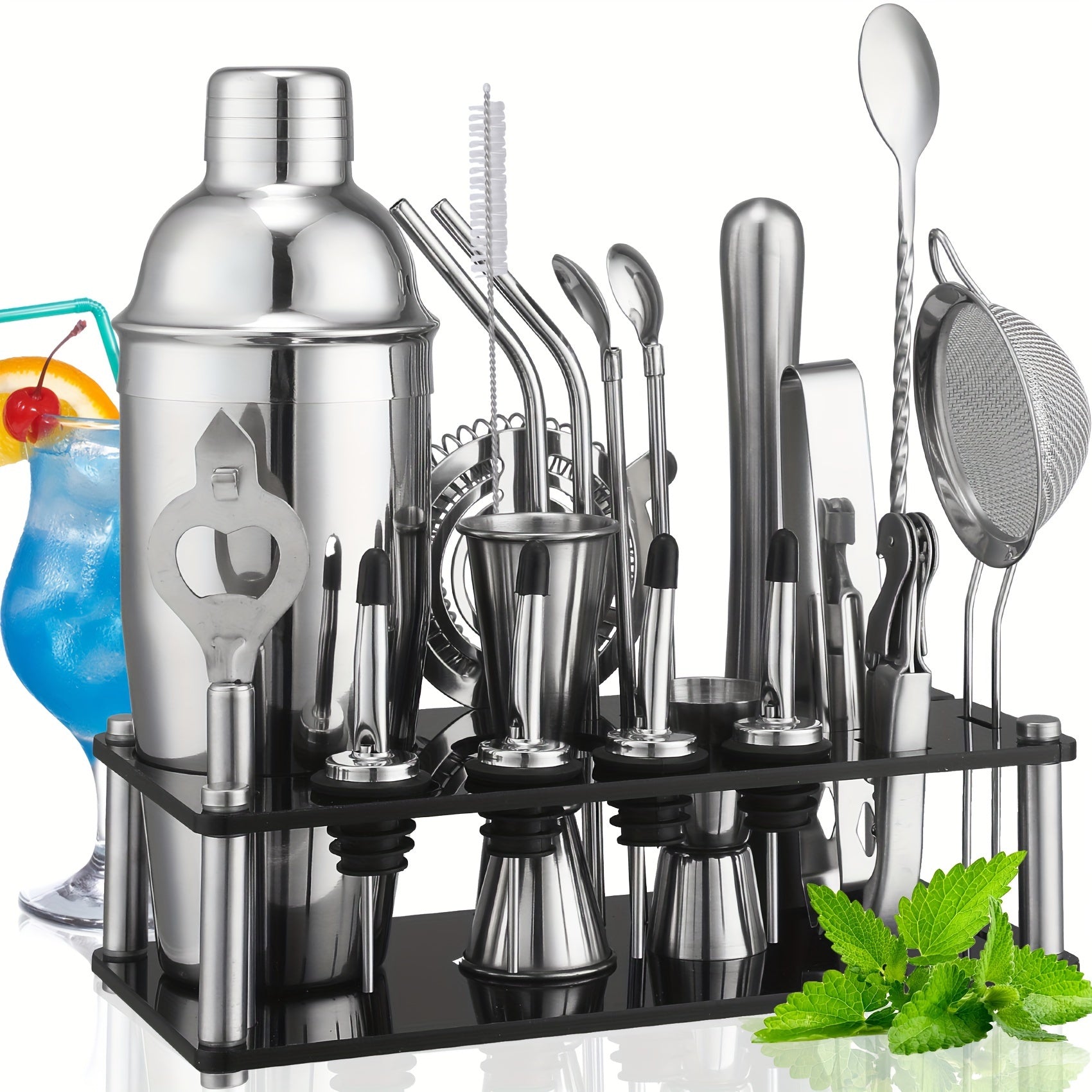 20 piezas Juego de Mixología de Acero Inoxidable con Shaker, Colador, Muddler, Jigger, Cuchara, Filtro de Hielo, Abrebotellas, Salidas de Vino y Soporte de Herramientas de Acrylic - Kit de Barman Completo