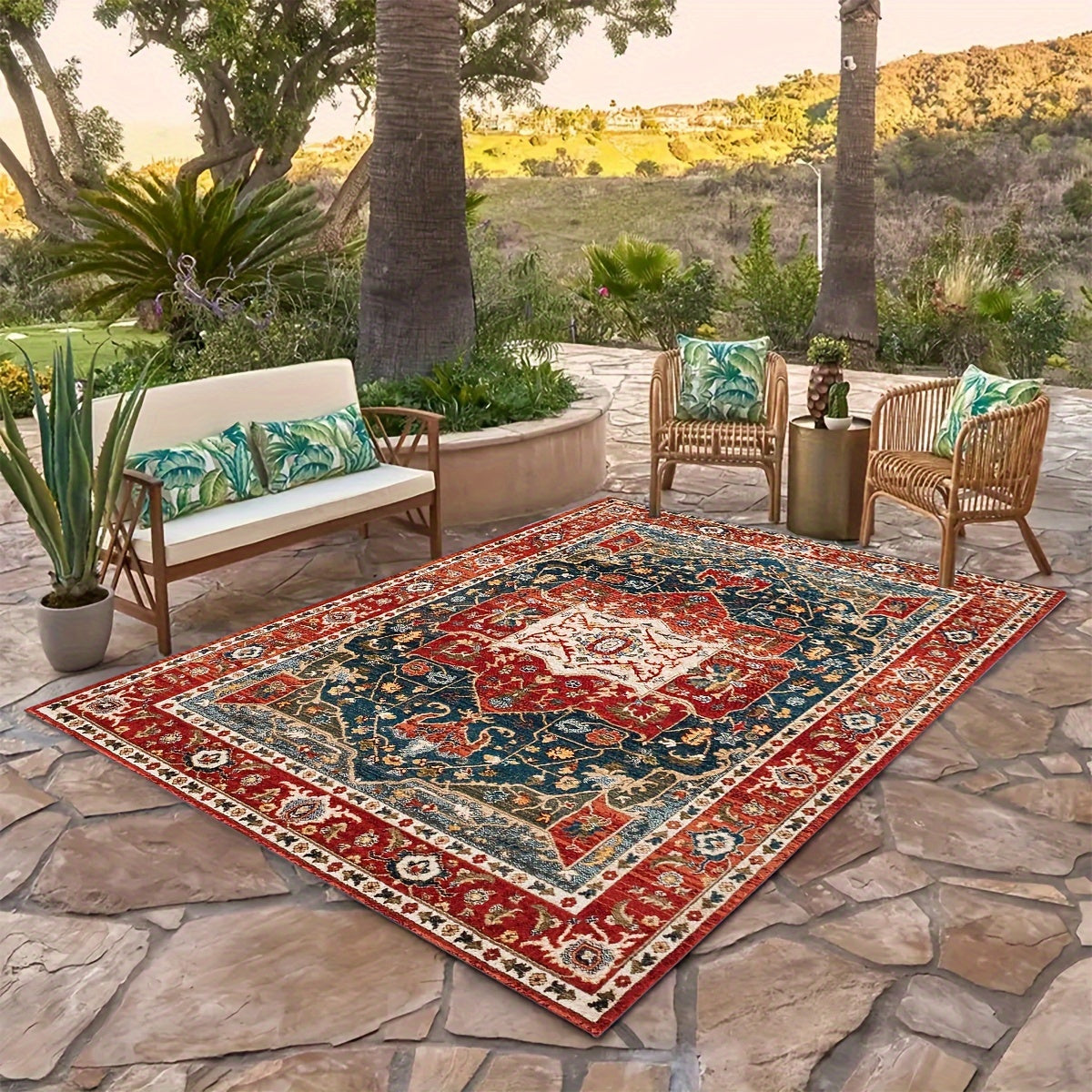 1 pieza Alfombra Europea Vintage Roja con Patrón Persa Geométrico para Jardín Adecuada para Exteriores, Entrada Gruesa Suave Lavable Antideslizante de Gran Tamaño para Decoración Exterior
