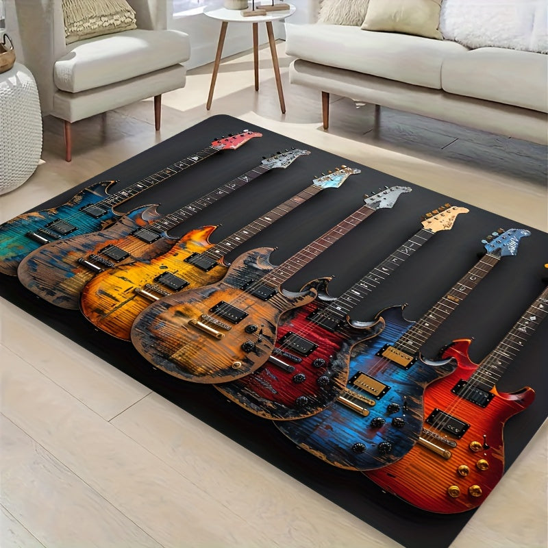 Alfombra para Dormitorio con Patrón de Guitarra Eléctrica Colorida - 8mm de Grosor, Duradera y Lavable a Máquina, Alfombra Suave y Cómoda Antideslizante para Sala de Estar, Dormitorio y Decoración de Entrada, Alfombra de Entrada|Decoración Temática Music