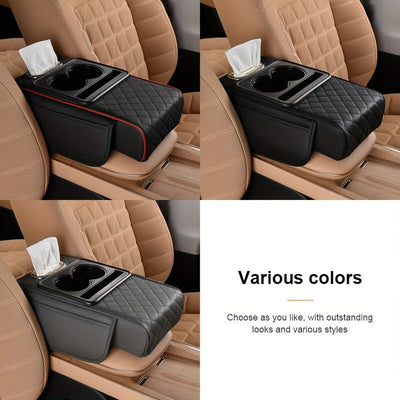 1 cojín universal para apoyabrazos de auto en piel PU, con porta vasos, compartimento multifuncional y ranura para caja de pañuelos