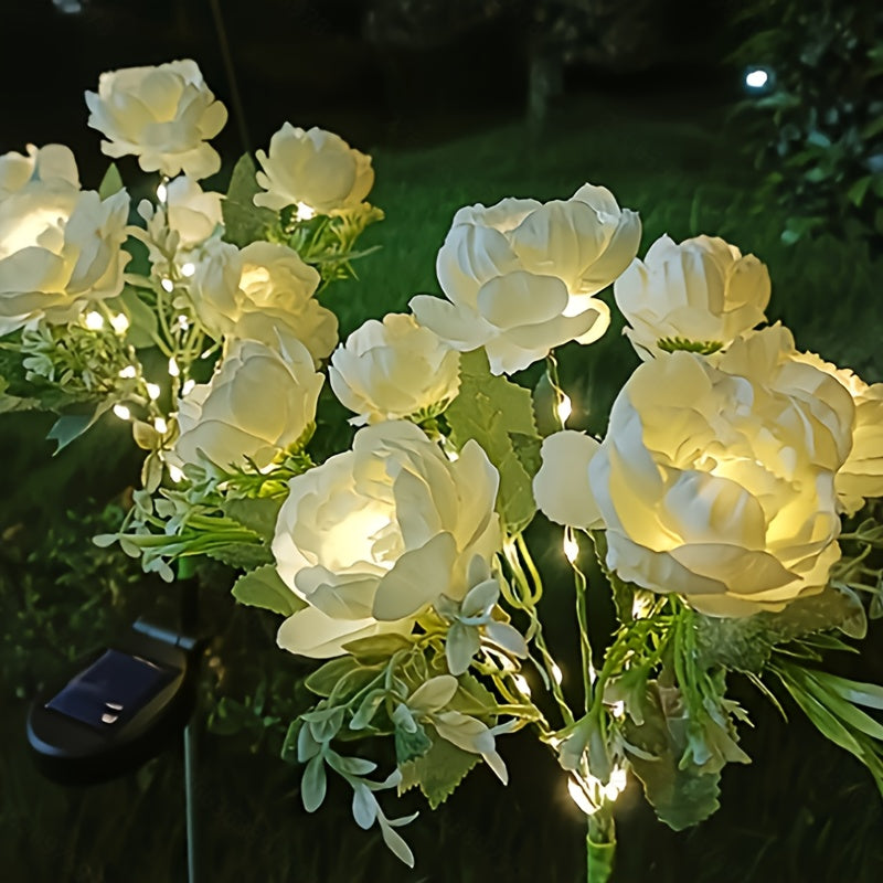 Luces de jardín LED de 7 cabezas con flores de peonía, alimentadas por energía solar - Luces decorativas para exteriores con flores artificiales rosas y blancas, cargadas por energía solar para patio, jardín y balcón, decoraciones solares para exteriores
