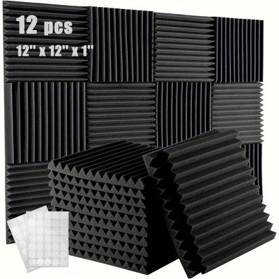 12 piezas de esponja absorbente de sonido con adhesivo, 30.48 cm x 30.48 cm x 2.54 cm, alta densidad ignífuga para estudio de grabación aislamiento acústico corrugado