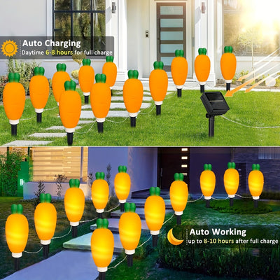 Luces LED solares de conejo/nabo de 8 huevos de Pascua, luces decorativas de ambiente festivo para exteriores, luces de jardín para exteriores, alimentadas por energía solar, adecuadas para jardín, césped, acera, camino de entrada, patio, paisaje decorat