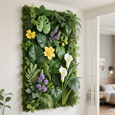 41.91cm a 61.98cm - Panel de muro de vegetación exuberante con flores y follaje vibrantes - Diseño de valla de madera natural, pantalla de privacidad para interiores y exteriores, perfecto para hogar, oficina, bodas y decoración estacional, césped artifi