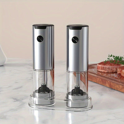 Molino de Sal y Pimienta Eléctrico Cheer Moda, 1/2 piezas, Acero Inoxidable con Recipiente Transparente, Funciona con Pilas, Esenciales de Cocina, Pilas AAA No Recargables, Ideal para Regalos de Hogar y Vacaciones