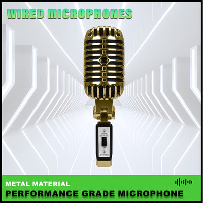 Microfono Vocal Dinámico Clásico XGeS GW55 - Acabado Metálico Dorado con Acentos Negros, Jack de 6.35mm, Funcionamiento con Alimentación por Enchufe, Ideal para Karaoke, Actuaciones En Vivo y Fiestas Musicales, Música Rock, Soporte Universal