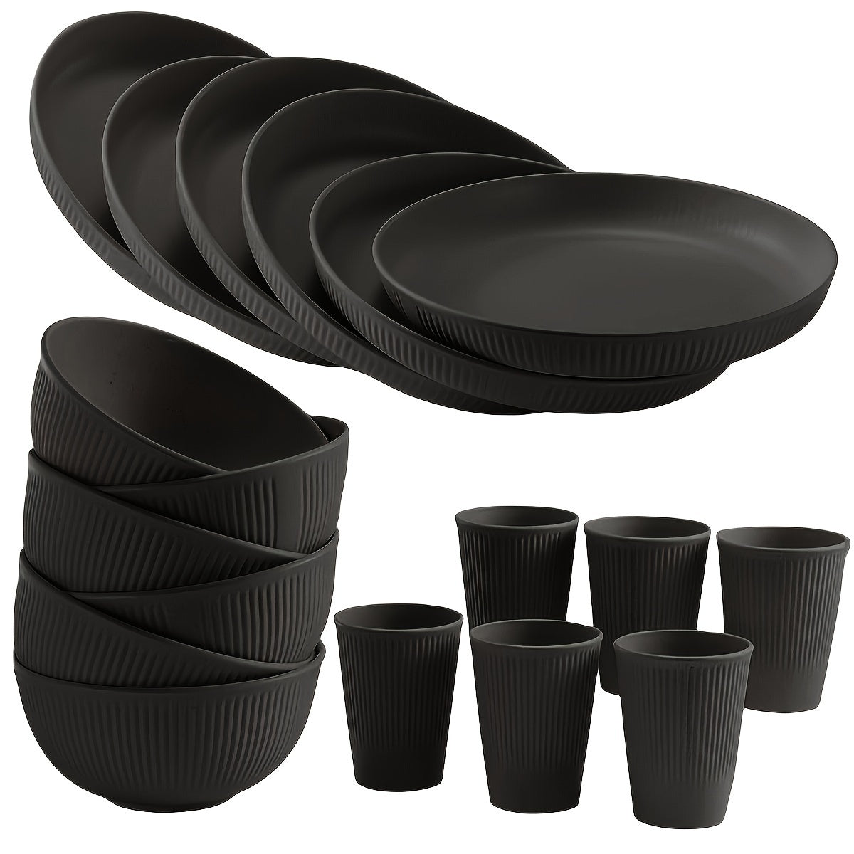 Juego de vajilla irrompible con temática navideña, 18 piezas - Platos, tazones y vasos negros, aptos para lavavajillas y microondas, ideal para cocina, residencias estudiantiles, campamentos, autocaravanas, picnics, reuniones festivas y aventuras al aire