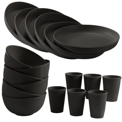 Juego de vajilla irrompible con temática navideña, 18 piezas - Platos, tazones y vasos negros, aptos para lavavajillas y microondas, ideal para cocina, residencias estudiantiles, campamentos, autocaravanas, picnics, reuniones festivas y aventuras al aire