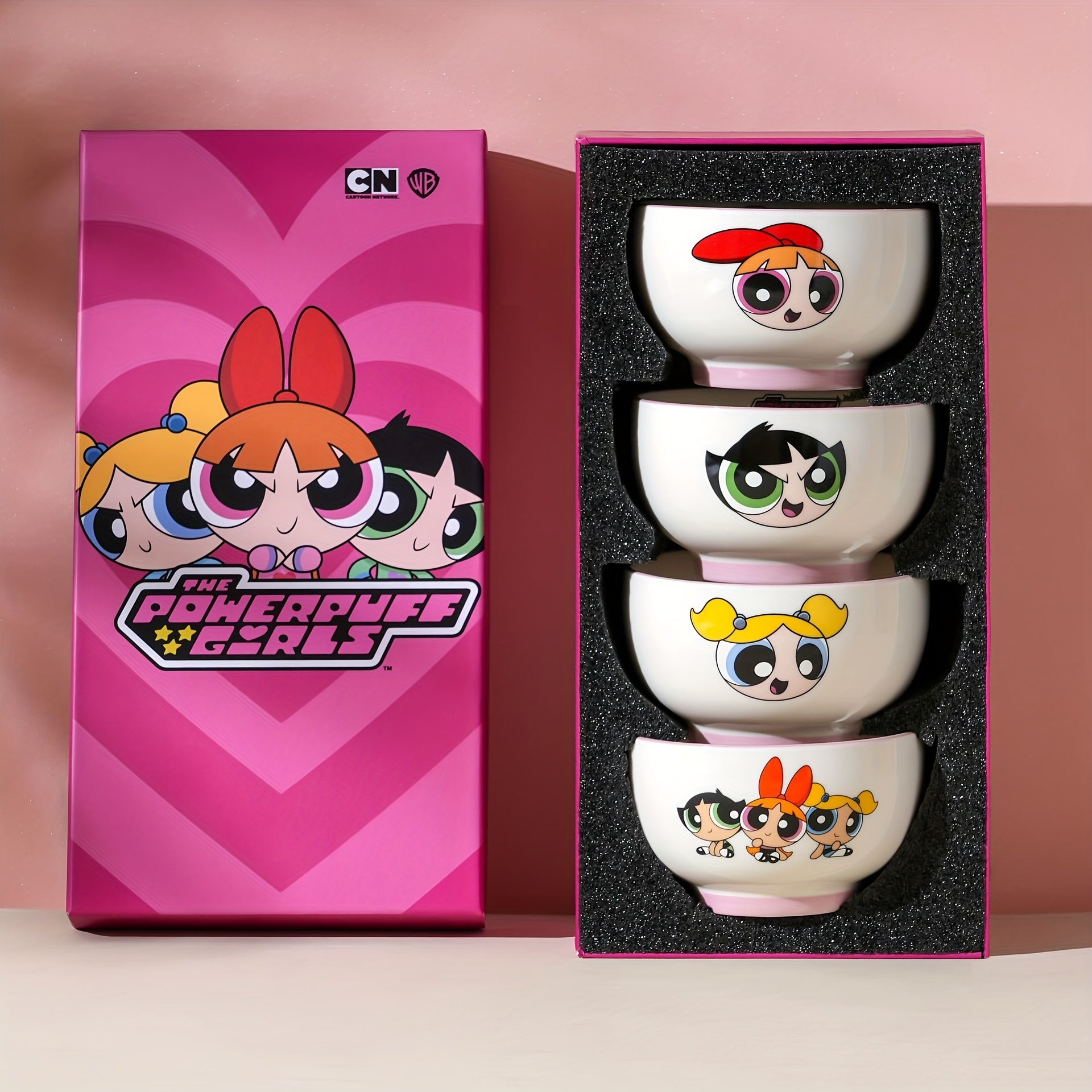 Juego de 4 Piezas de Vajilla Cerámica Serie Las Chicas Superpoderosas Warner Bros. – Caja Regalo Ideal para Cumpleaños o Navidad, Tazón de Arroz con Diseño Animado