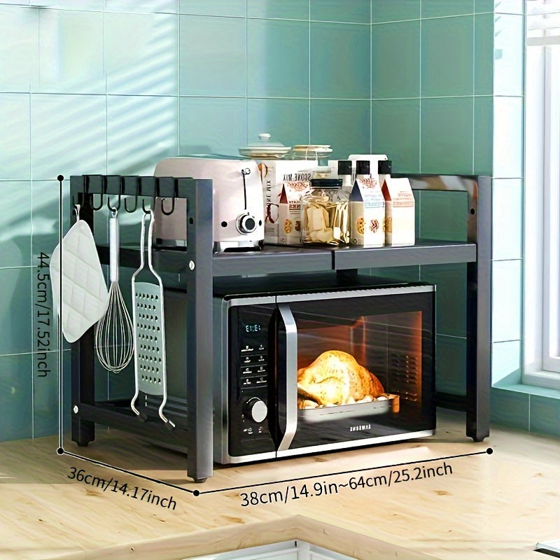 Estante de cocina metálico ajustable LDQ, soporte de microondas telescópico de 32-64cm con 6 ganchos, ajustable en altura, capacidad de 30kg, acabado pintado, doble propósito para cocinas comerciales y domésticas, estante de especias, comercial