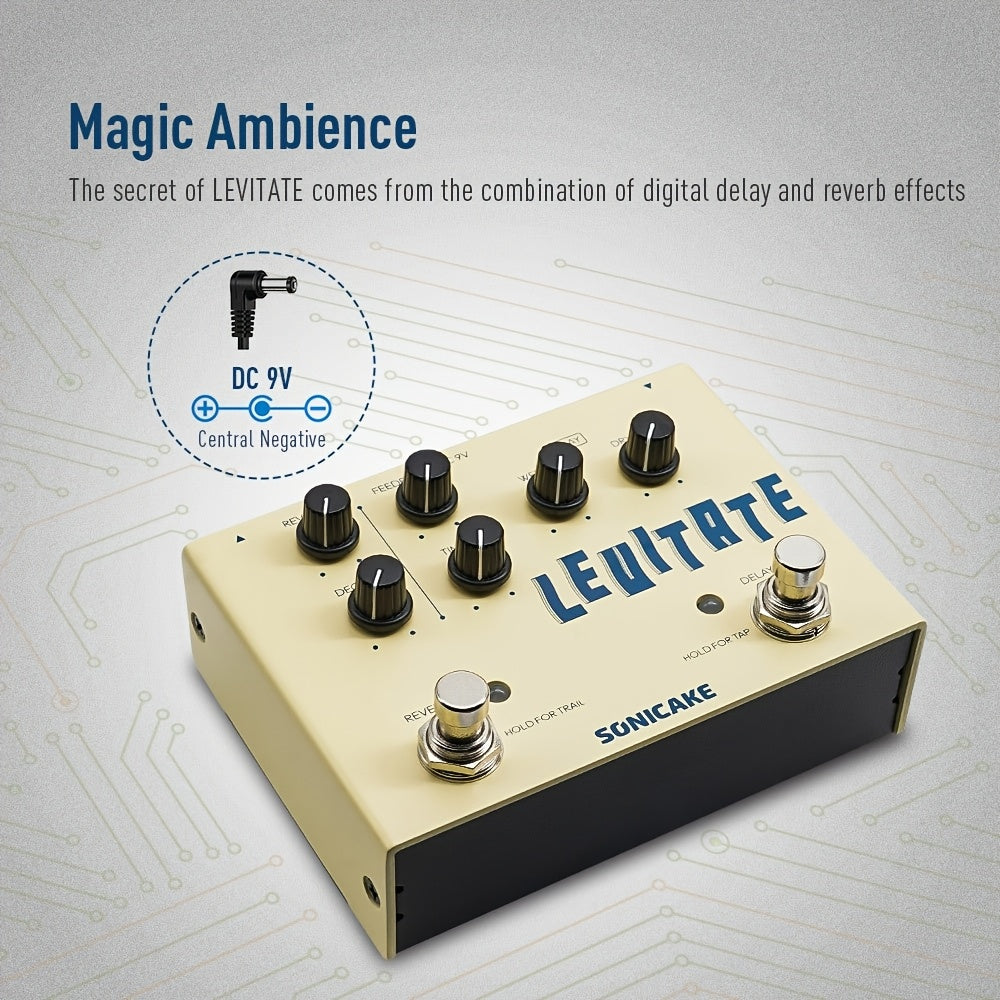 SONICAKE Pedal de efectos para guitarra con retraso y reverberación 2 en 1 - Levitación digital con retraso paramétrico y reverberación, control analógico, amarillo, conexión eléctrica de habitación, operación máxima de 36V, pedal de retraso para guitarr