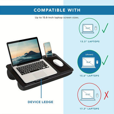 Escritorio portátil para oficina en casa, elegante en negro carbón, con repisa para dispositivos, almohadilla para mouse y soporte para teléfono, compatible con laptops de hasta 39.62 cm, organizador con cajón para almacenamiento en el hogar