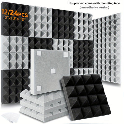 12/24pcs Paneles de Espuma Acústica Piramidal OLOBLB - 25.4x25.4x5.08 cm, Espuma Absorbente de Sonido para Estudio en Gris/Blanco/Negro con Cinta de Montaje Incluida - Ideal para Oficina en Casa, Estudios de Grabación y Decoración de Techos
