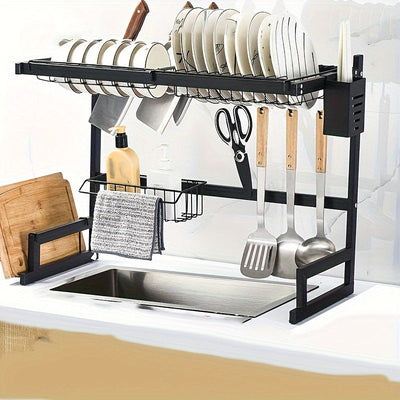 1 pieza de soporte de platos de fregadero de acero inoxidable - Soporte de almacenamiento de cocina de doble capa con soporte de utensilios desmontable y plato de drenaje, organizador de encimera que ahorra espacio, adecuado para uso doméstico y restaura