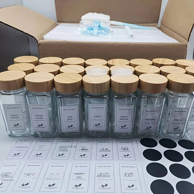 Un juego de 12 piezas / 6 piezas de tarros cuadrados para especias de vidrio con tapa de bambú, botellas pequeñas para condimentos de cocina doméstica
