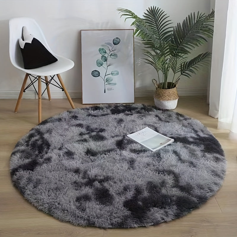 1pc Alfombra Redonda Tie-Dye Shaggy, 3cm de Grosor, Suave y Amigable con la Piel, de Fibra de Poliéster para Sala de Estar y Dormitorio, Solo Lavado a Mano, Alfombra Interior