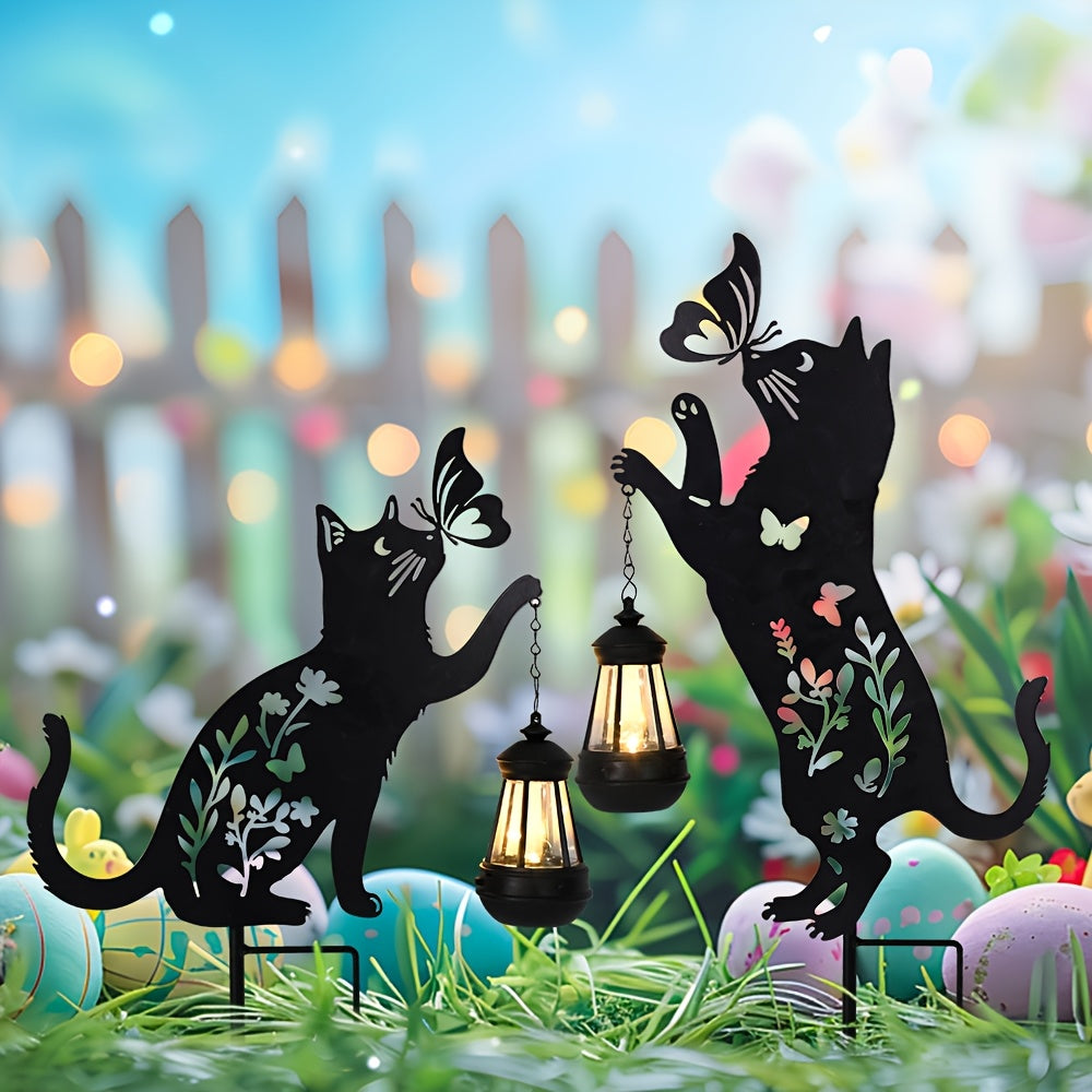 2pcs Luces solares con silueta de gato - Escultura de arte en hierro, luces de jardín para exteriores para decoración de césped y patio, iluminación exterior de metal de bajo consumo con control de sensor de luz, decoración de gato, iluminación ambiental