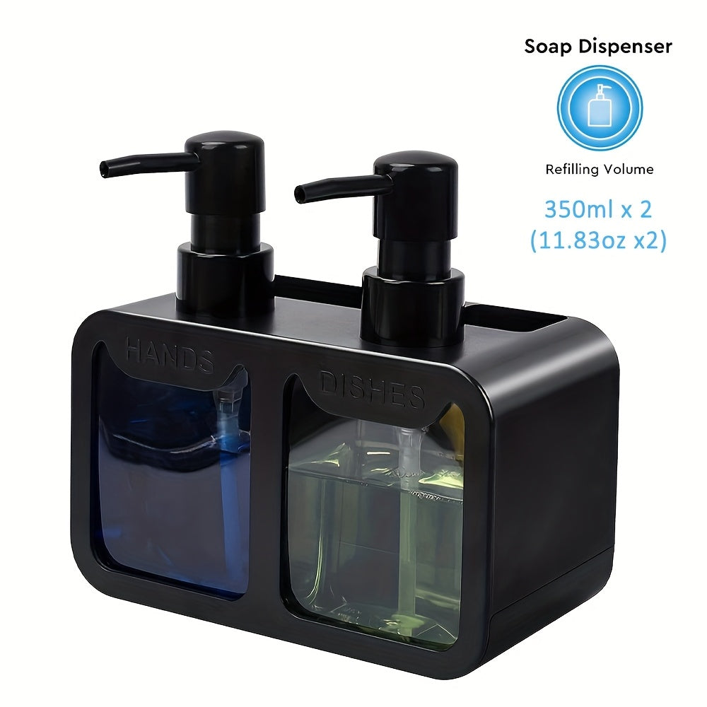 Juego de dispensador de jabón de mano y jabón de platos para cocina, dispensador de jabón dual con bandeja para esponja y soporte para cepillo, organizador 4-en-1 para encimera de fregadero de cocina, útiles gadgets de cocina - Negro