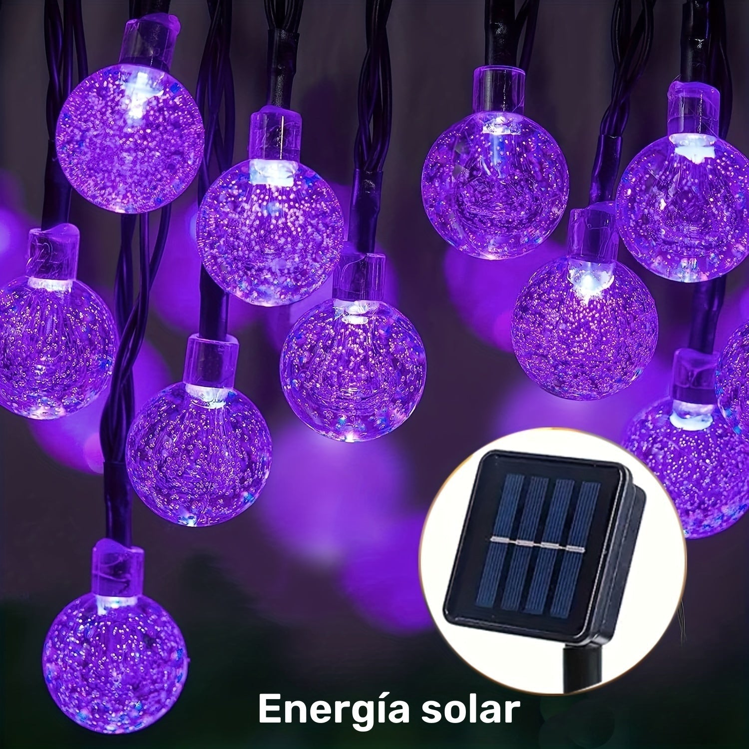 Luz de burbujas solar con 8 funciones, color morado, diámetro de bola 1.7 cm/0.67 pulgadas, luces decorativas para Halloween, lámpara de ambiente festivo, 1 cuerda (5 metros y 20 luces o 6.5 metros y 30 luces)